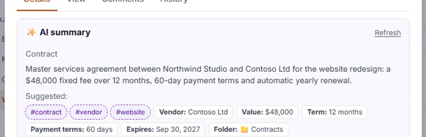 AI summary of a contract with extracted vendor, value, term, payment terms and folder