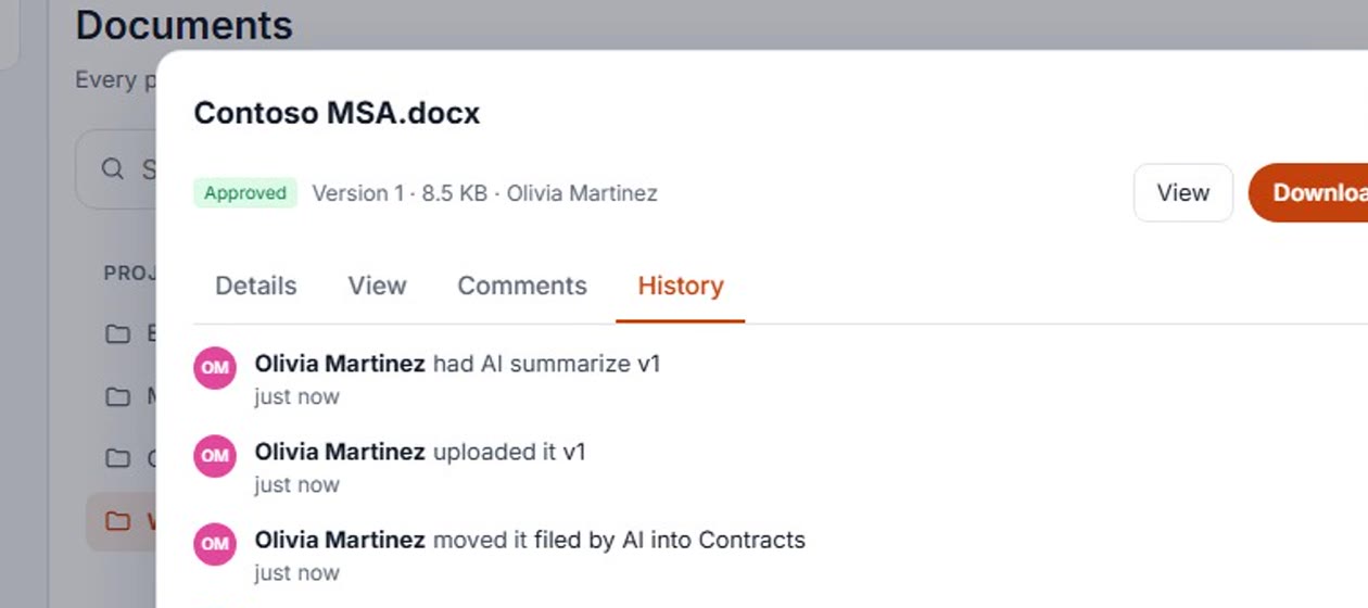 Document history from upload through AI filing to approval