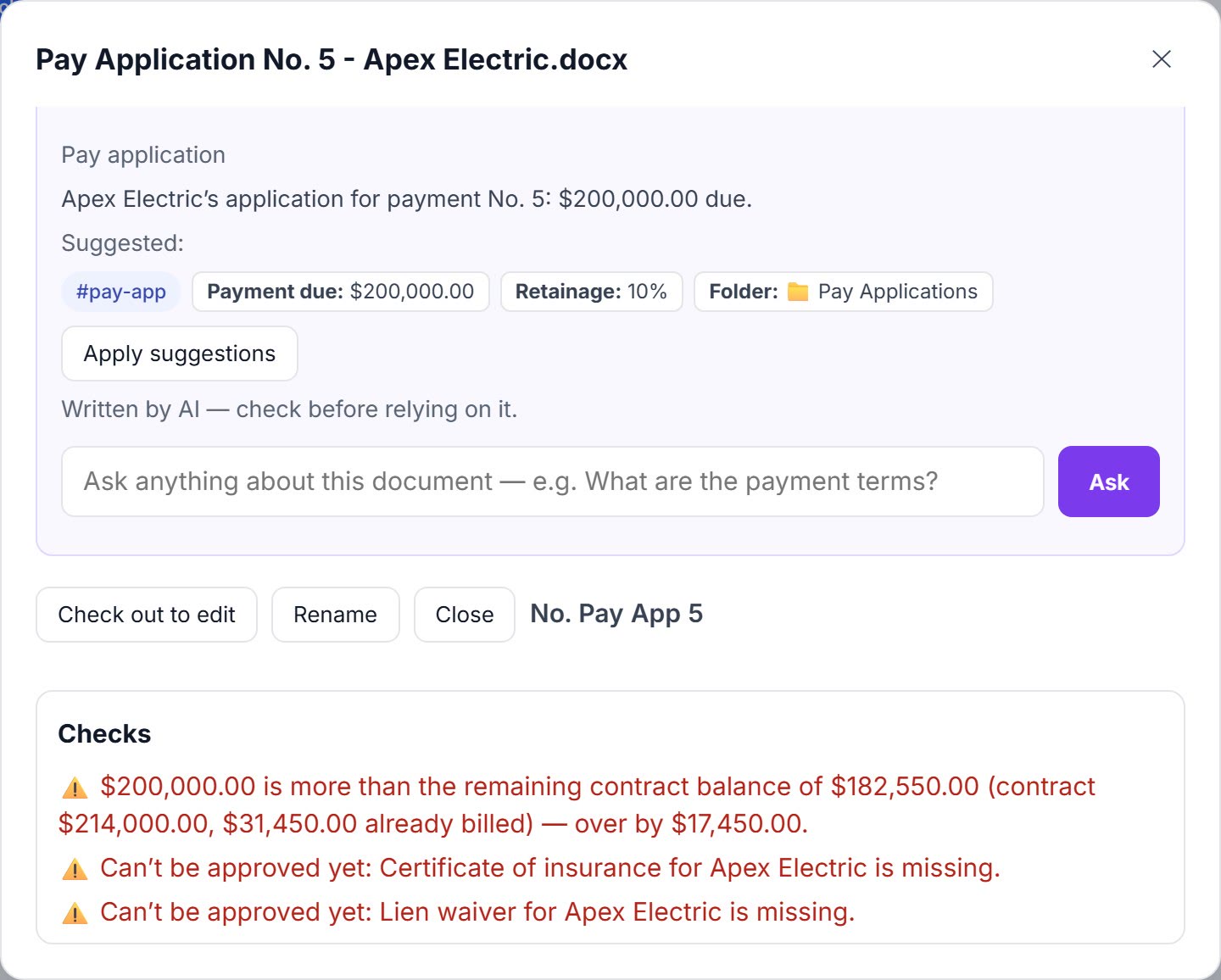 A pay application flagged as over the remaining contract balance, with approval blocked