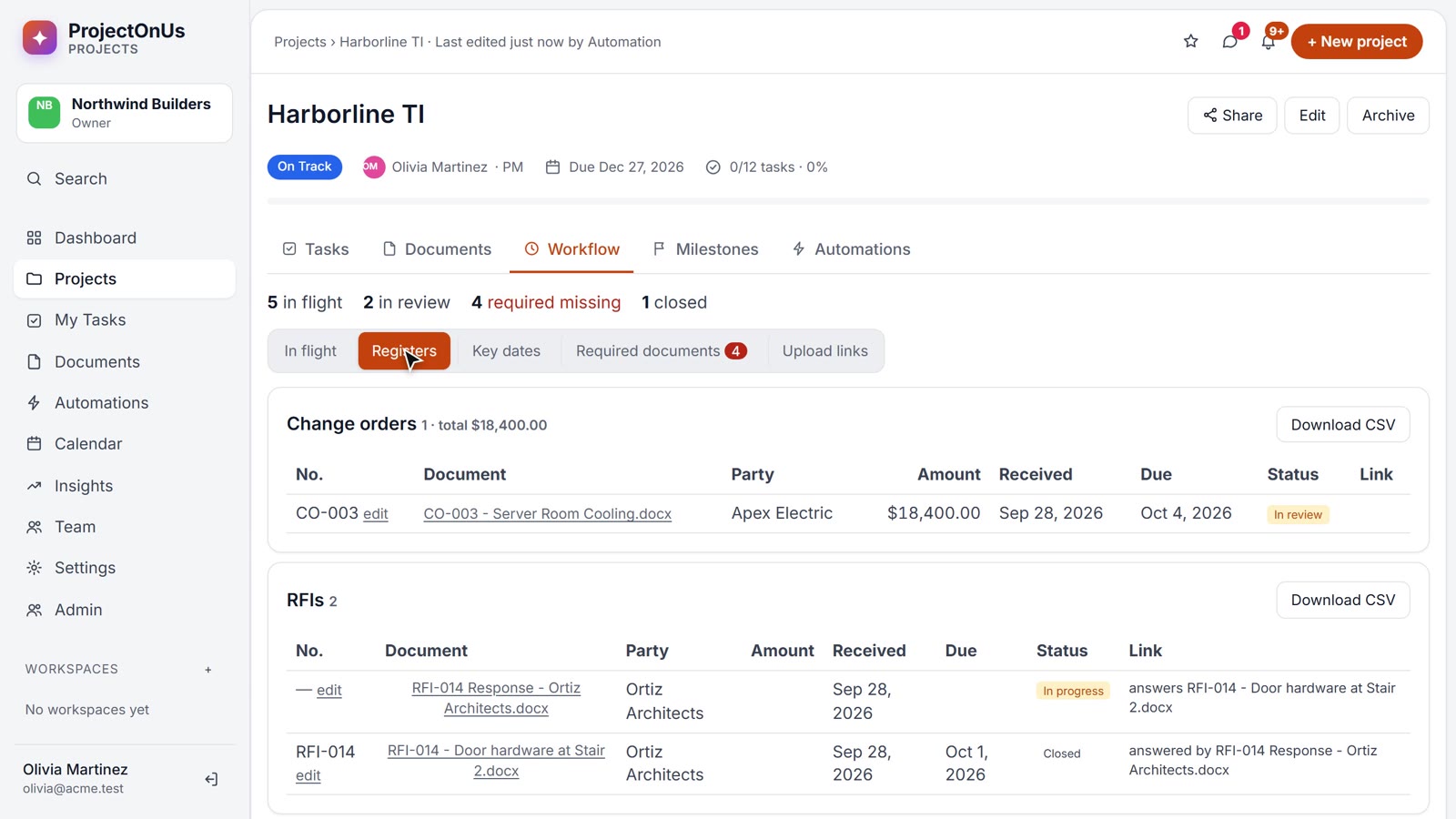 Change order, RFI and pay application registers with totals